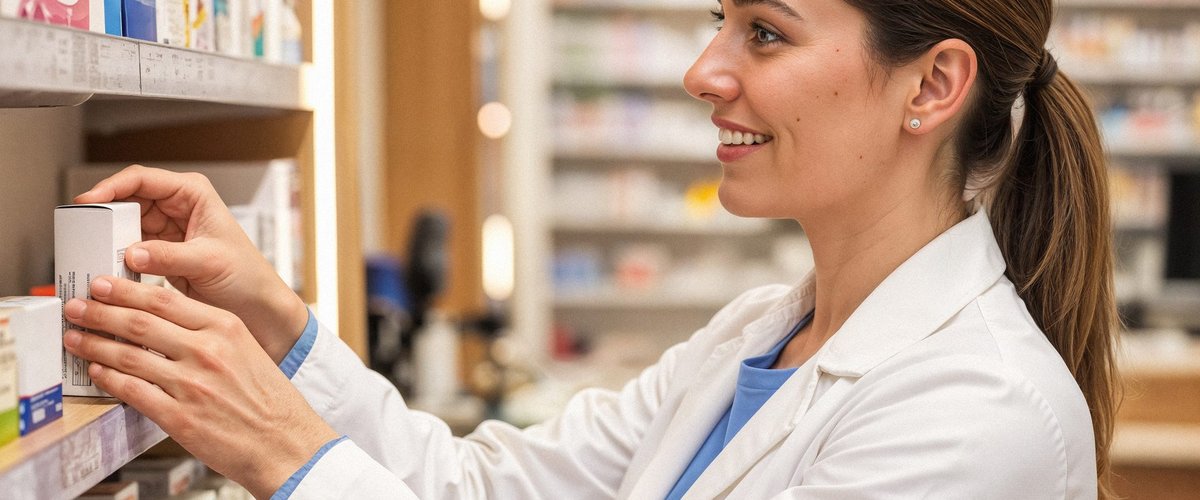 Pilares - Farmaceutica acomodando estante