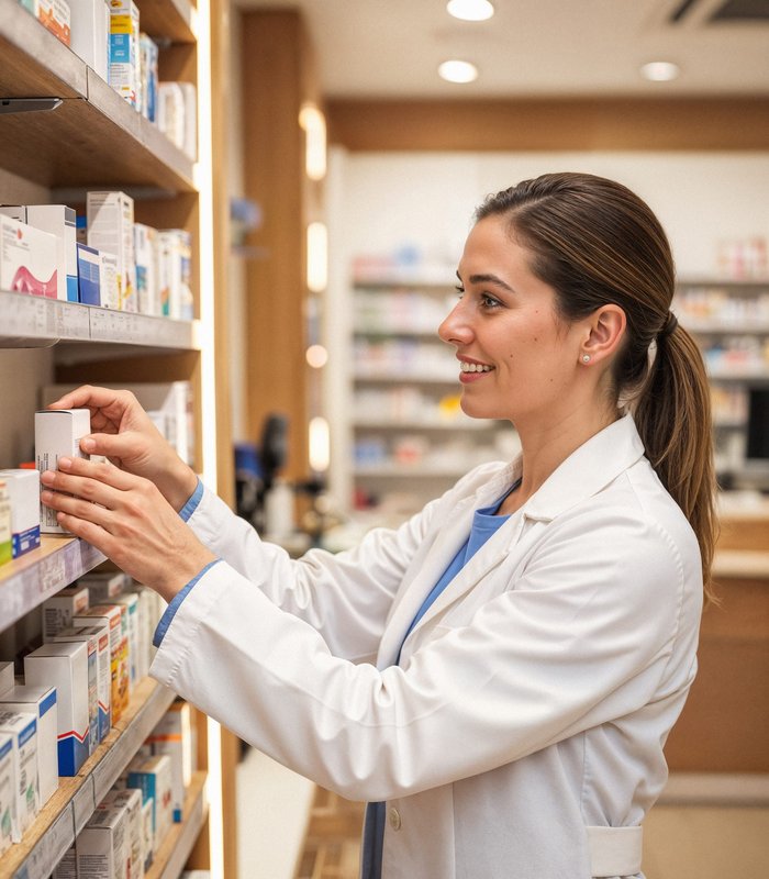 Pilares - Farmaceutica acomodando estante